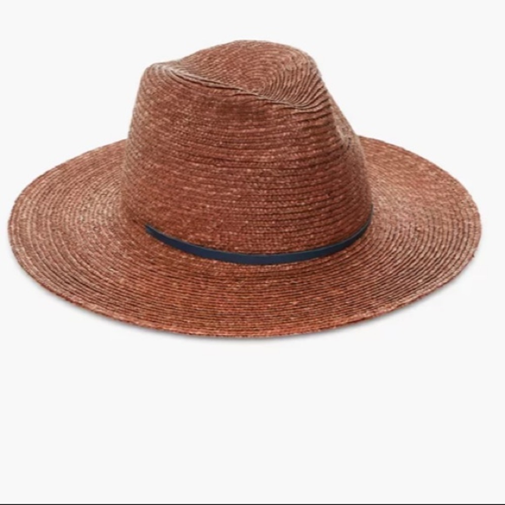 Lola hat from Tuckernuck Wide-Brim Straw Fedora in Rust with Navy Band